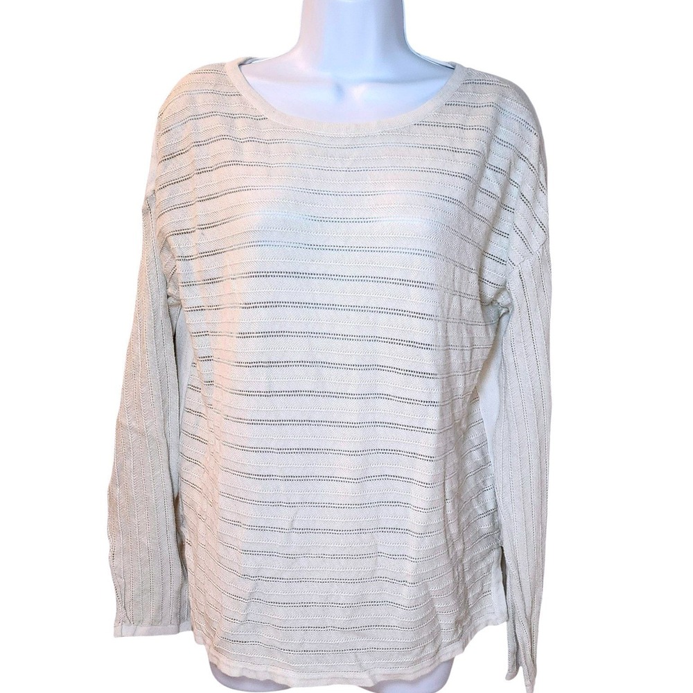 prAna Cream Open Knit Crew Neck Long Sleeve Lightweight Sweater Top Size L